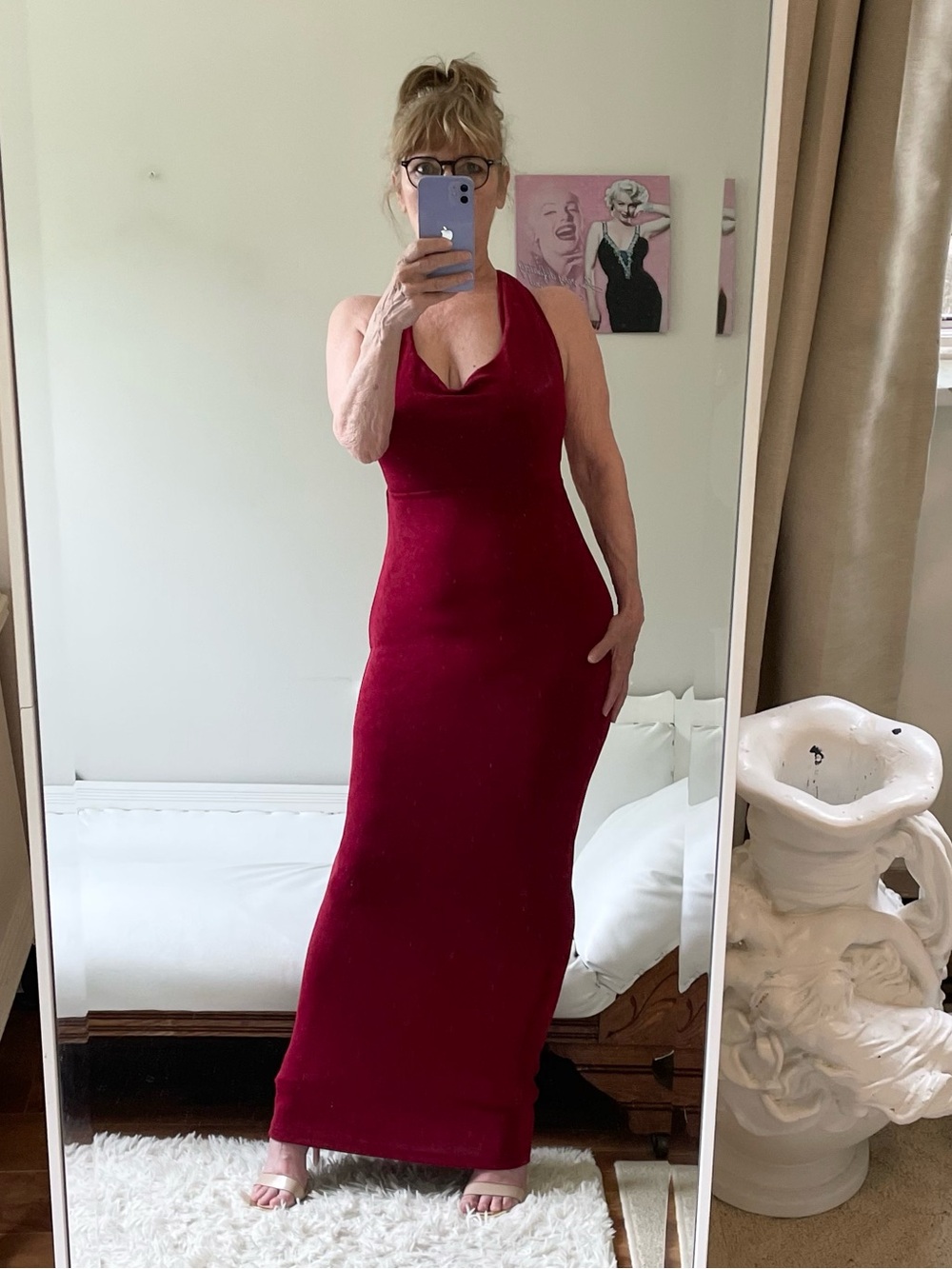 COWL NECK HALTER JERSEY KNIT HALTER MAXI DRESS DEEP RED RUBY OPEN BACK PLUNGING